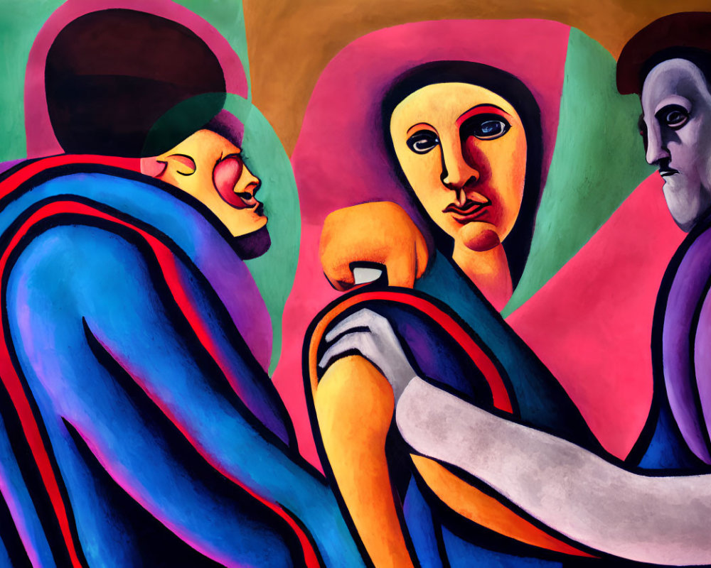 Vibrant Cubist-inspired painting with stylized figures