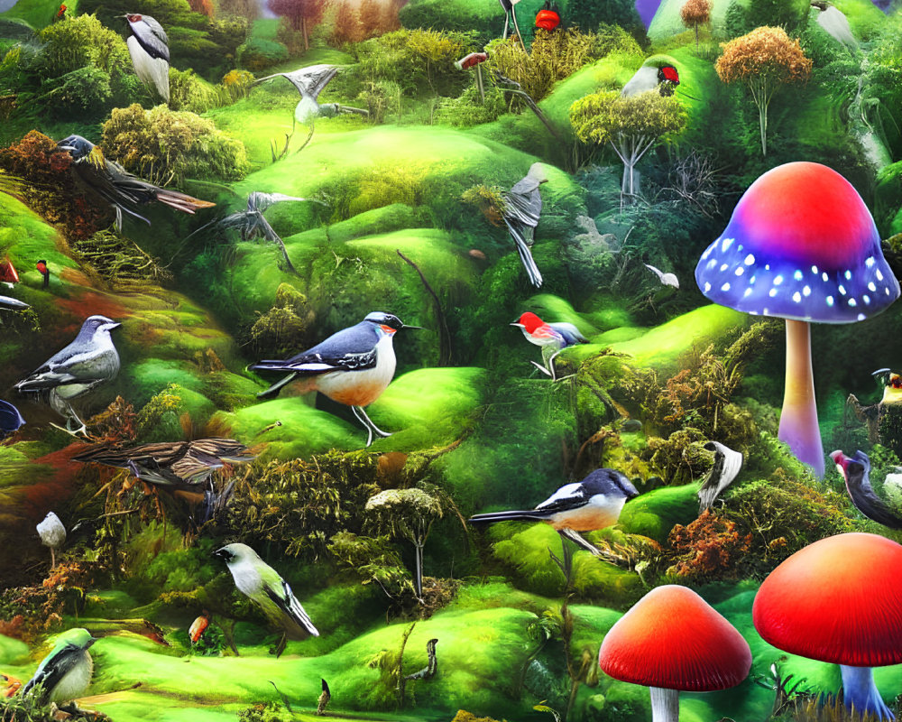 Colorful Bird Illustration on Lush Landscape with Red Mushrooms