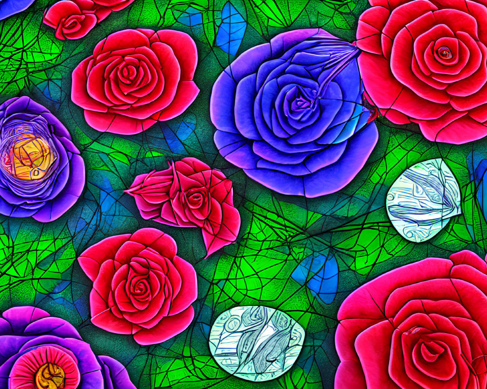 Colorful Digital Art: Red, Purple, and Blue Roses with Leaf Patterns