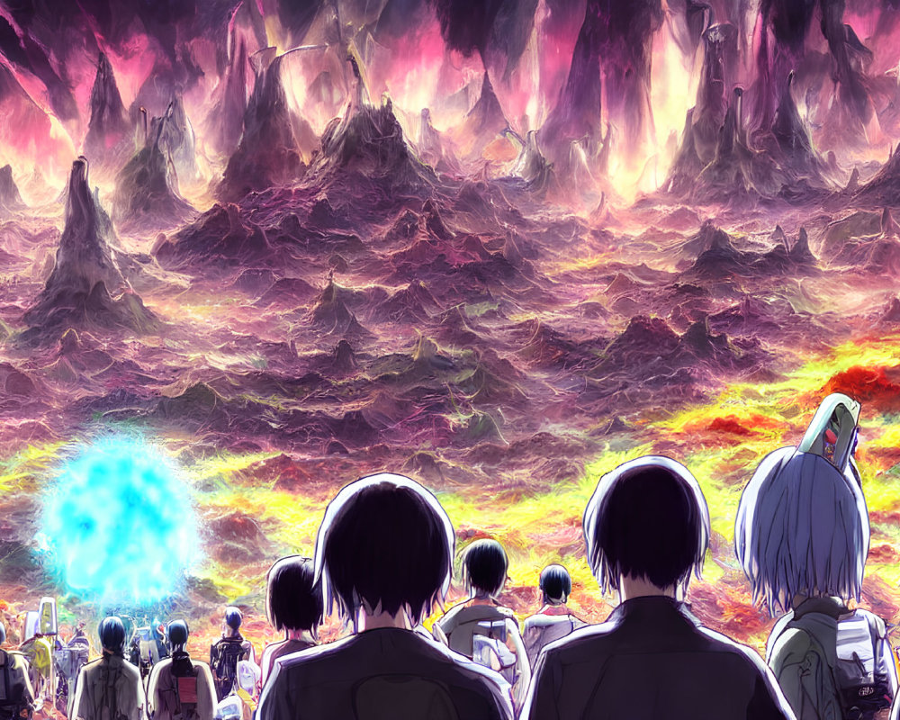 Group of people observe glowing blue orb in fiery, apocalyptic landscape