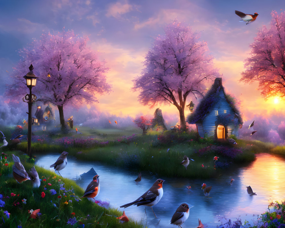 Whimsical cherry blossom landscape with birds, cottage, river, and sunset