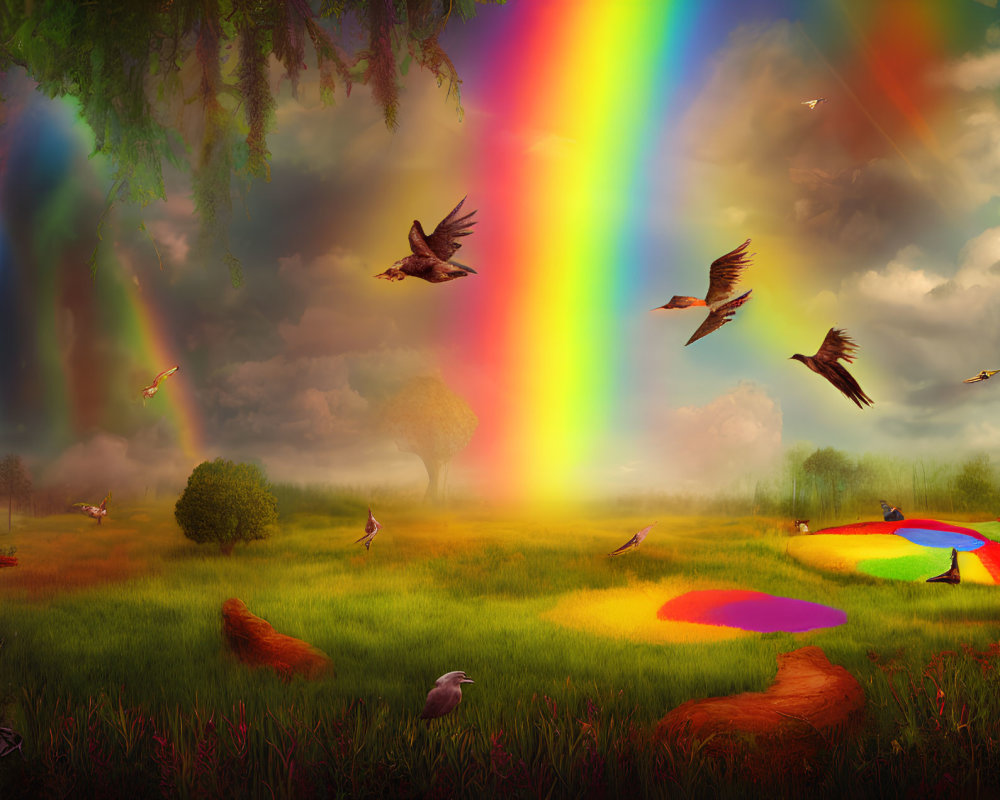 Colorful landscape with rainbows, flying birds, and vibrant trees