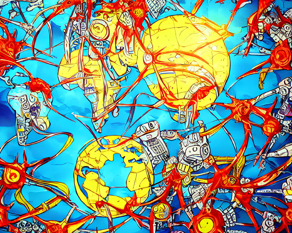 Vibrant Abstract Art: Red, Yellow Organic Shapes with Blue Robotic Figures