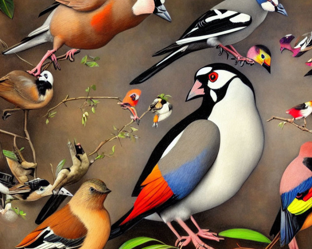 Colorful Birds Perched on Branches Against Brown Background