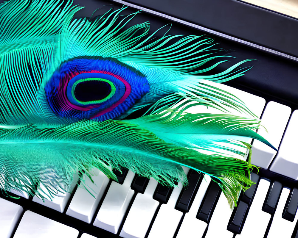 Colorful peacock feather with blue eye pattern on piano keys