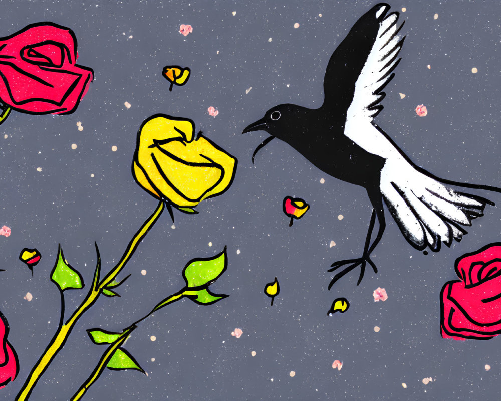 Monochrome bird flying among colorful roses on starry backdrop