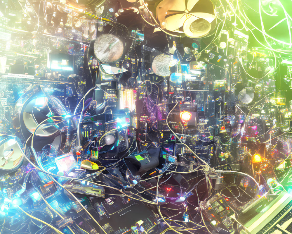 Electronic components, circuit boards, and glowing lights in chaotic tangle