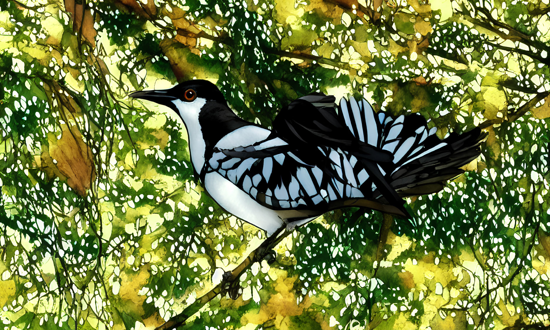 Monochrome bird on branch in lush foliage scene.