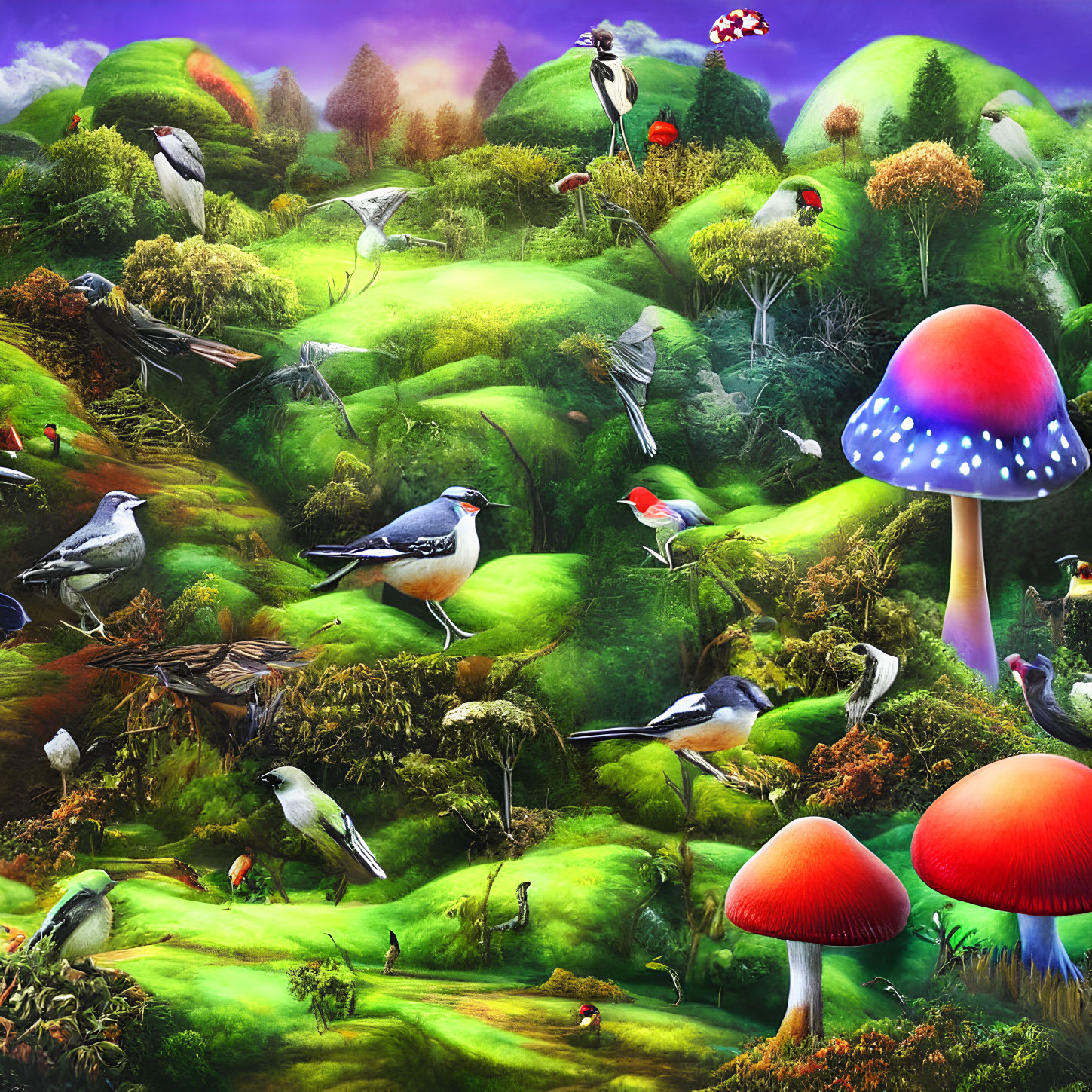 Colorful Bird Illustration on Lush Landscape with Red Mushrooms