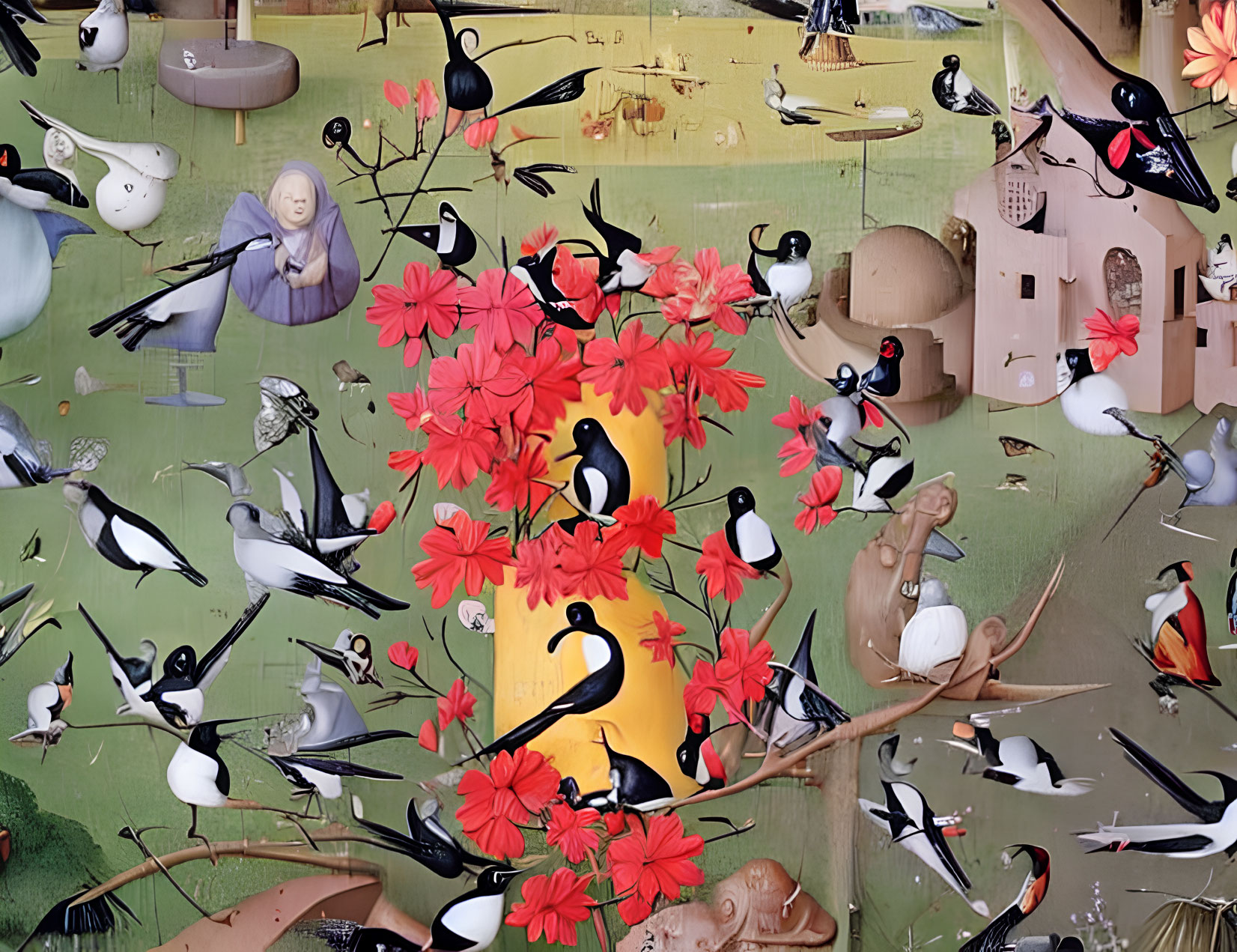 Colorful bird and flower painting on green-yellow backdrop