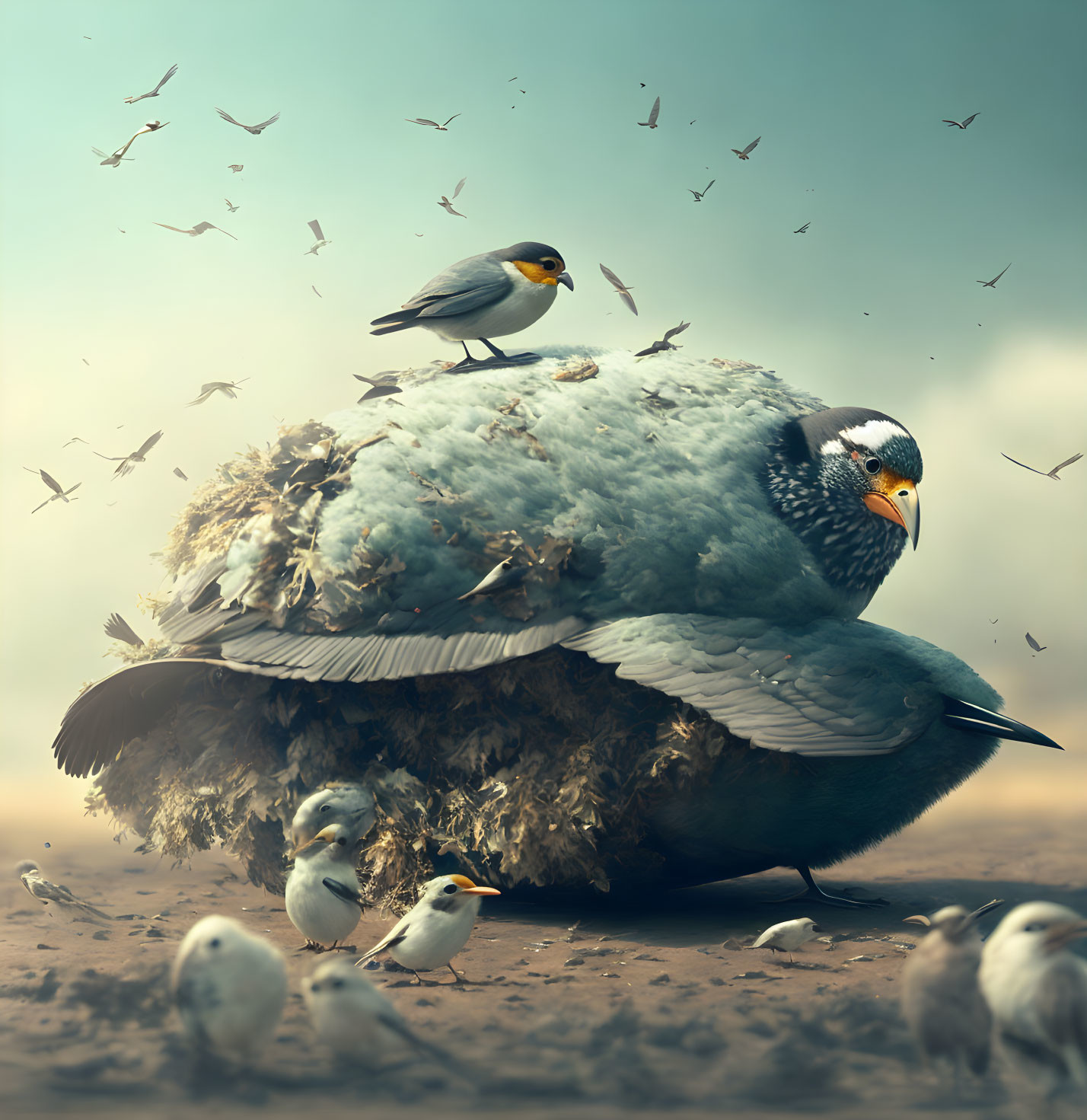 Colorful bird surrounded by smaller birds in surreal setting