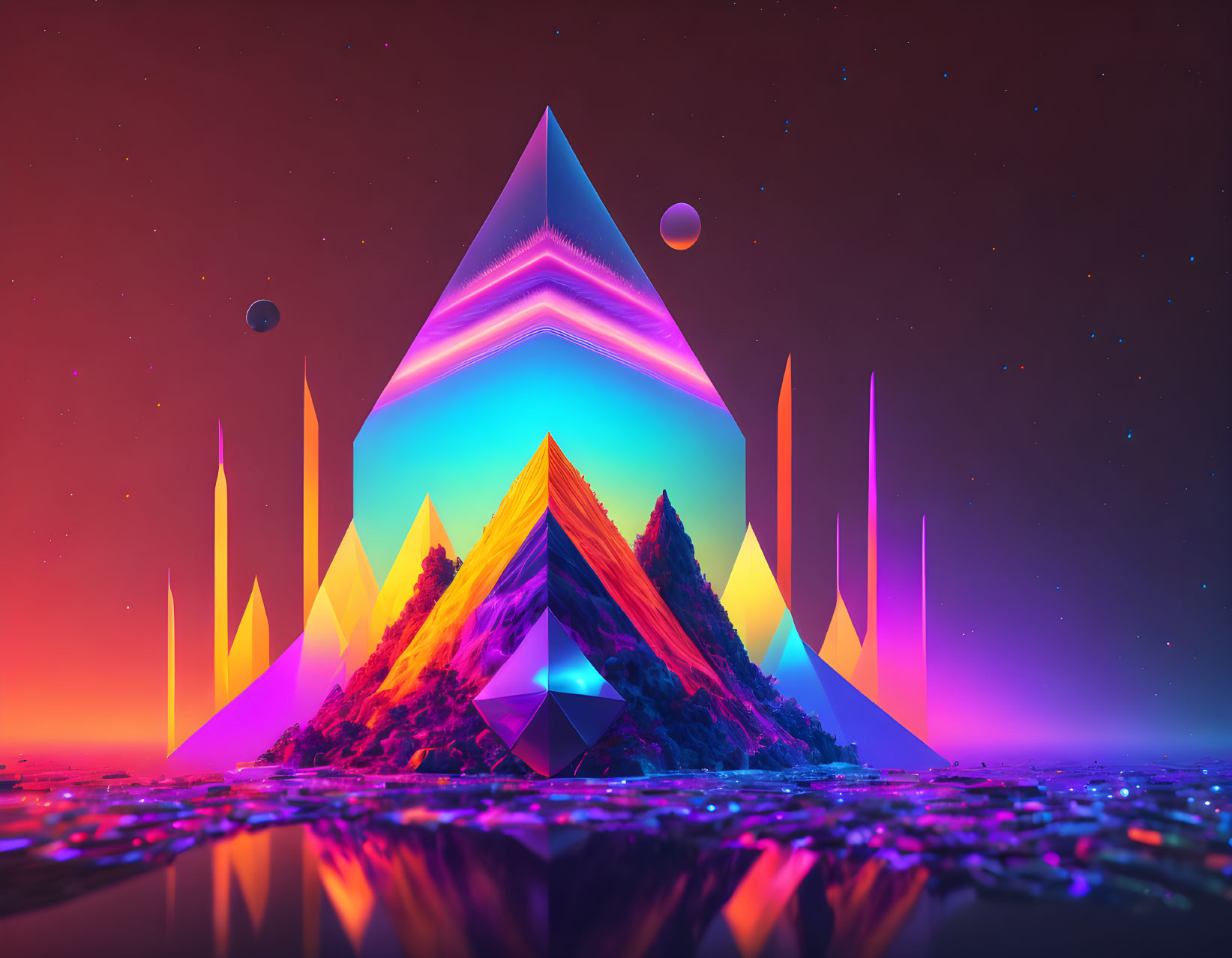 Surreal neon mountain landscape with mirrored water and twilight sky