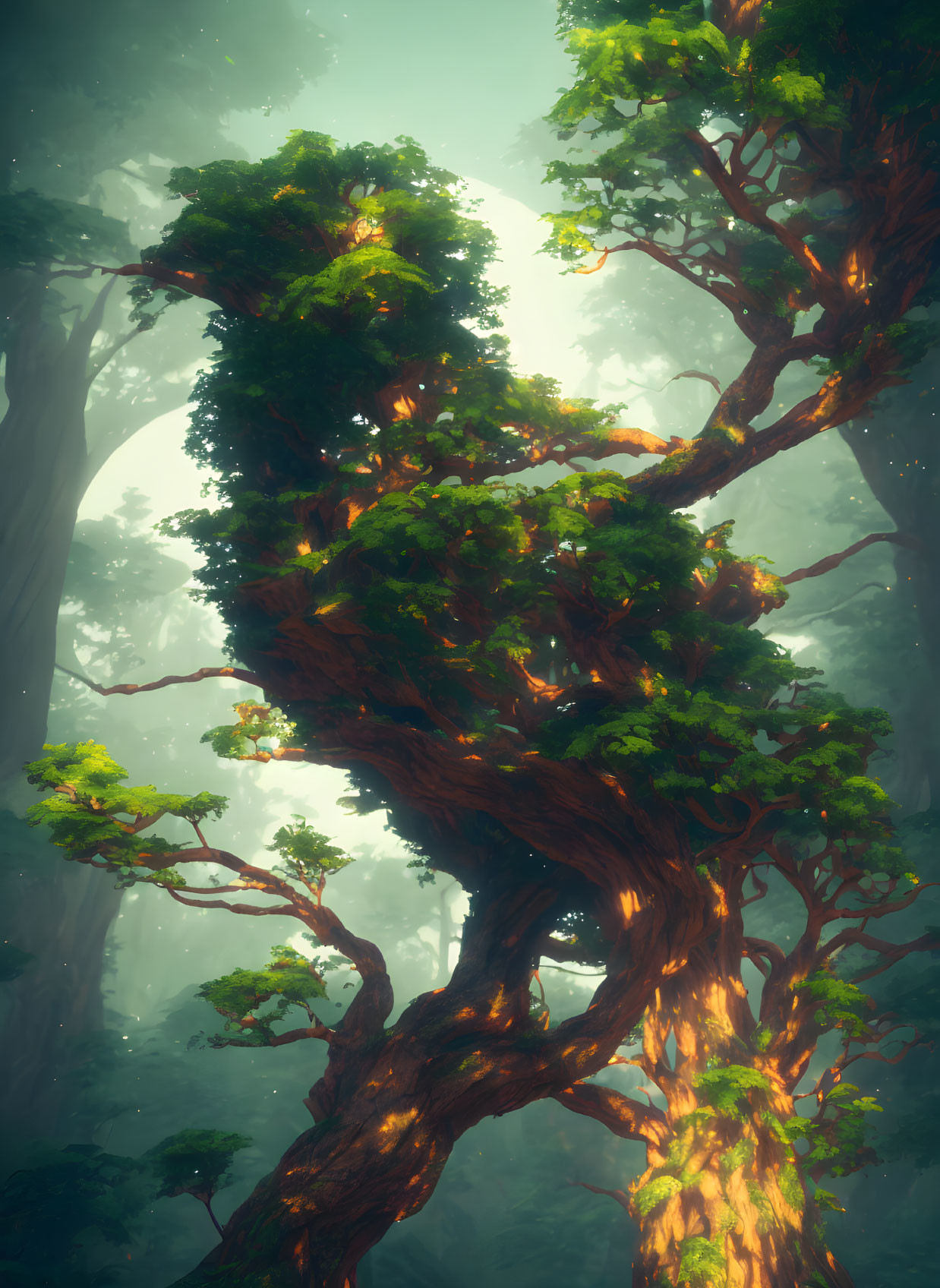 Majestic tree with twisted trunk and lush green foliage in misty forest landscape