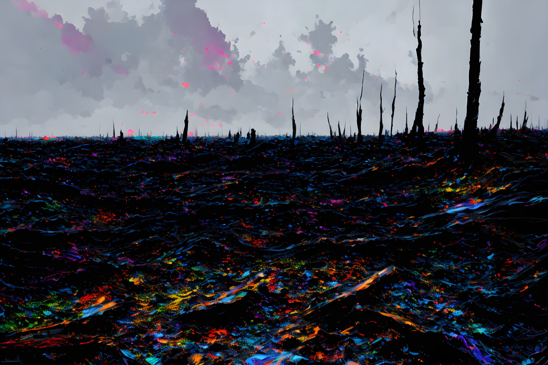 Colorful textured ground and dark silhouetted trees under moody sky - a barren landscape.