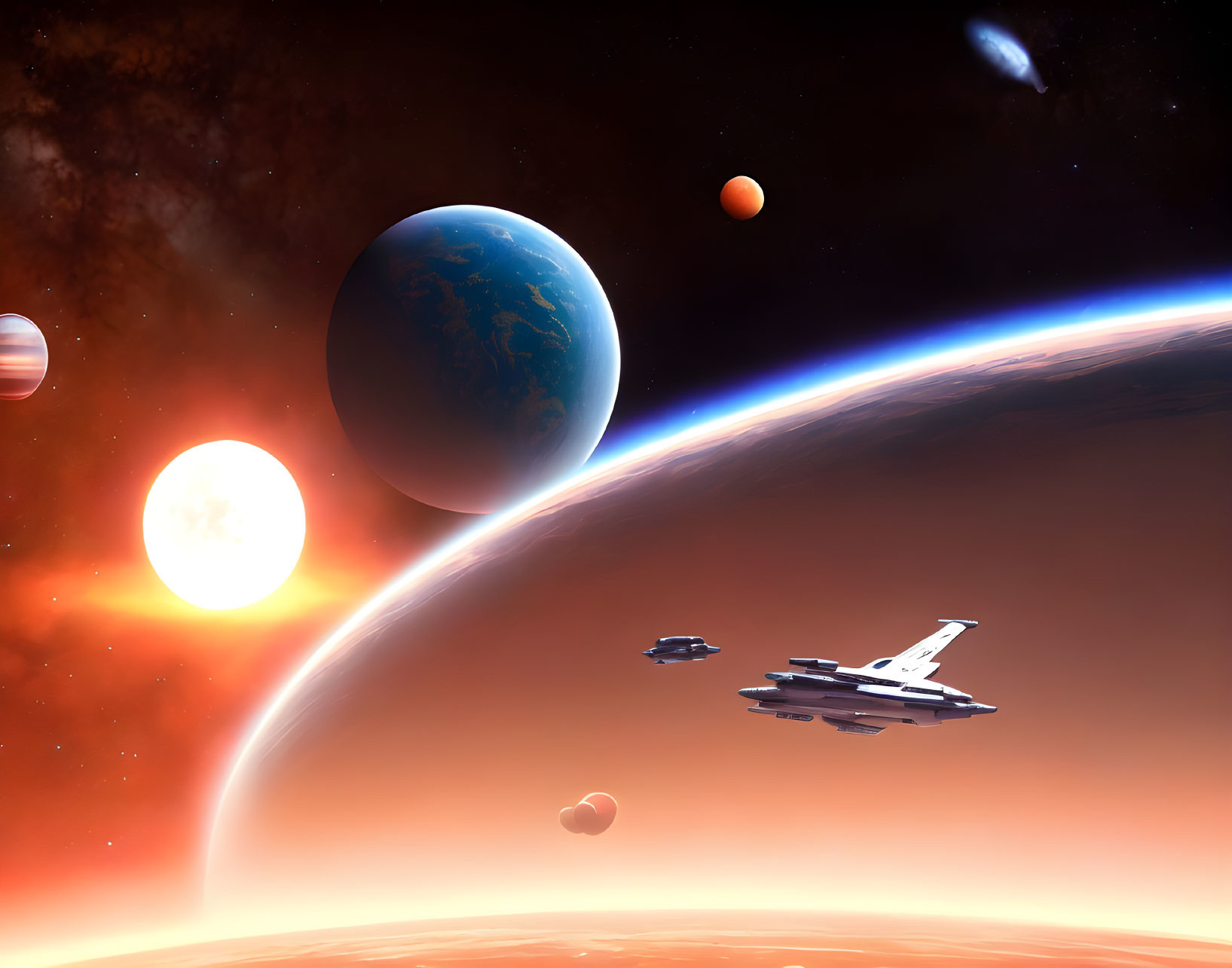 Space scene with spaceship, planets, and sun in vibrant colors