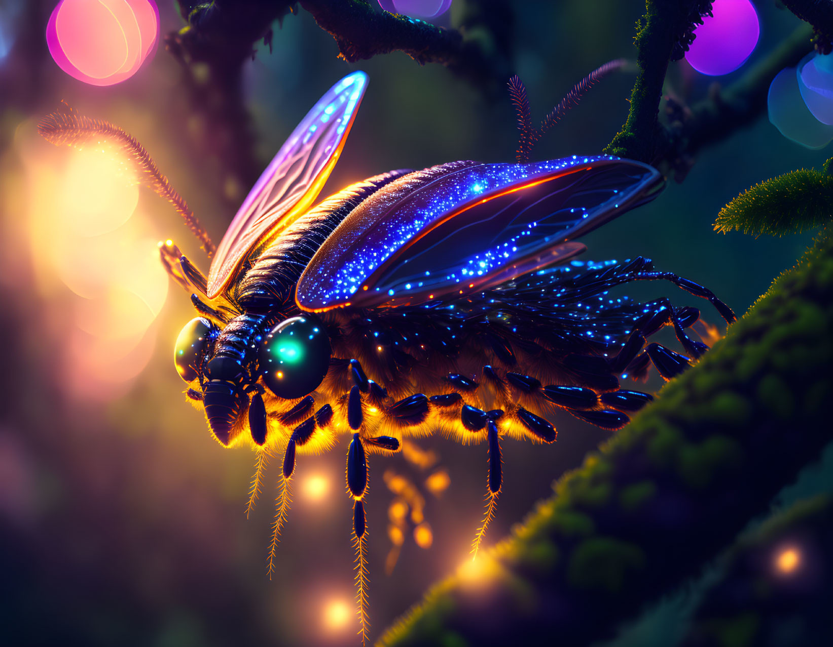 Fantastical luminescent insect on branch with glowing wings and eyes