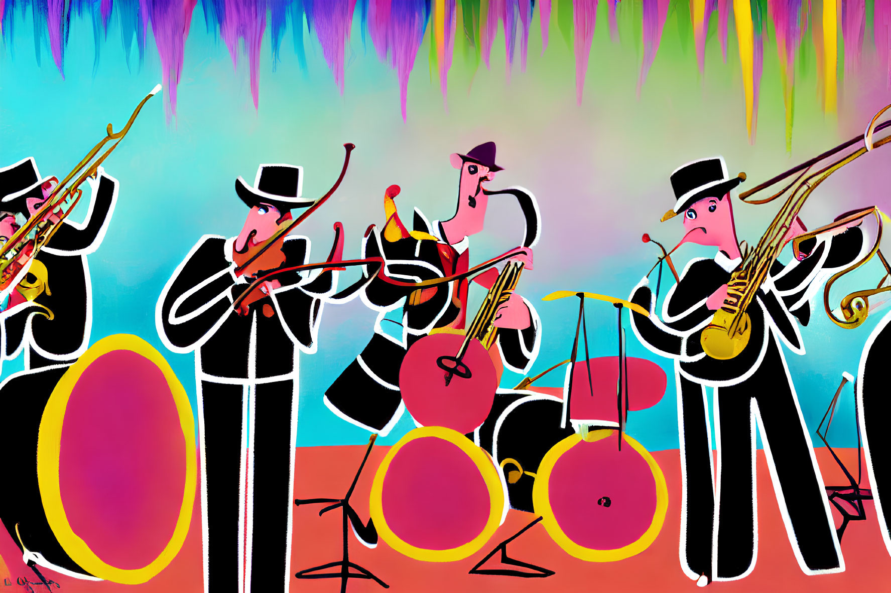 Vibrant animated jazz band with trumpet, drums, and trombone against colorful abstract backdrop