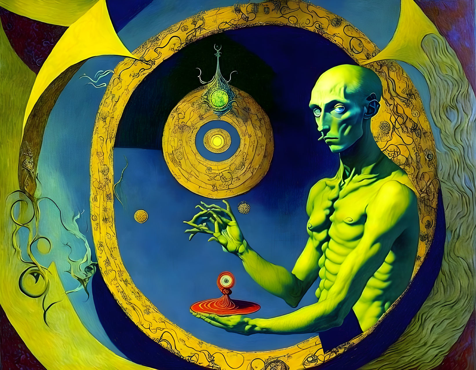 Surreal painting: green humanoid with cosmic backdrop & spiraling object