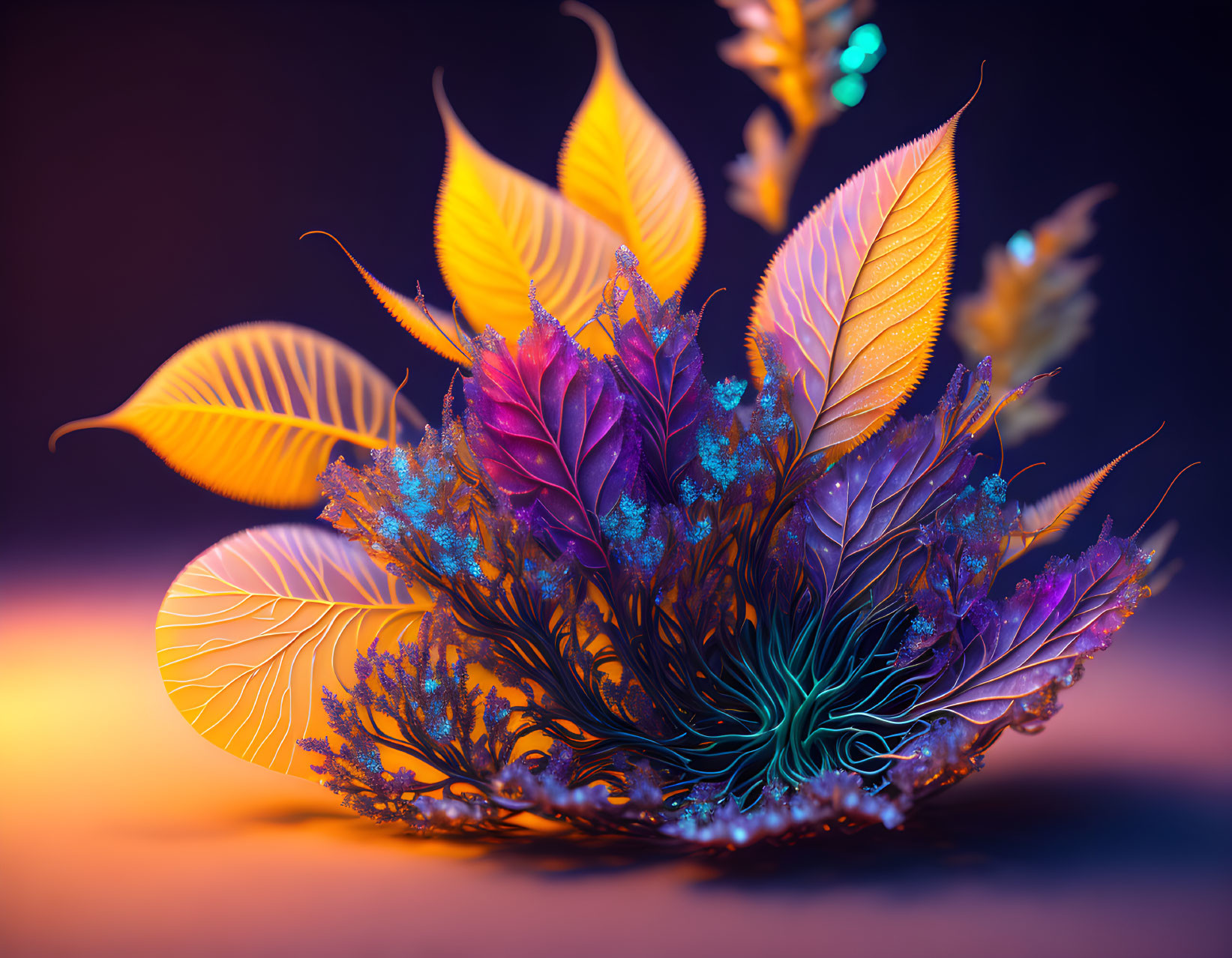 Colorful feather-like structures in digital artwork on moody backdrop