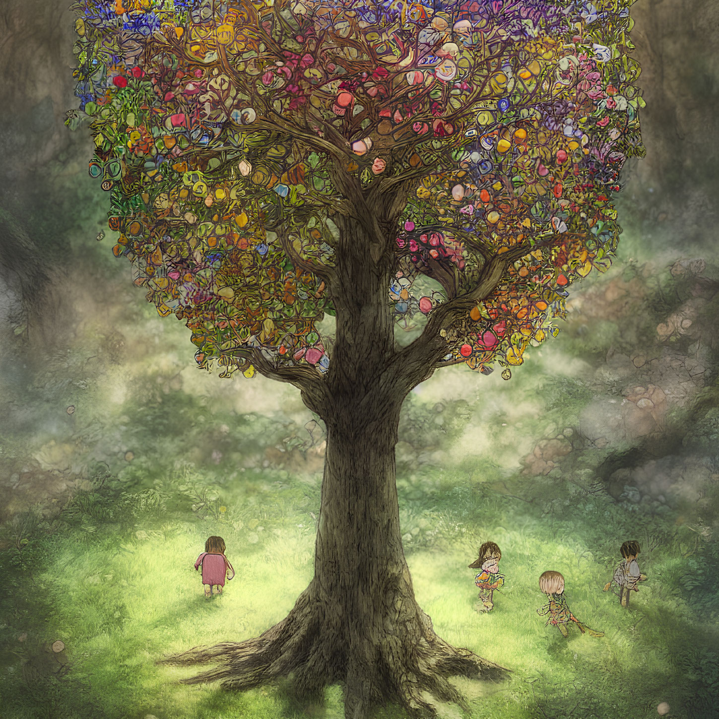 Magical tree with colorful leaves in mystical forest clearing