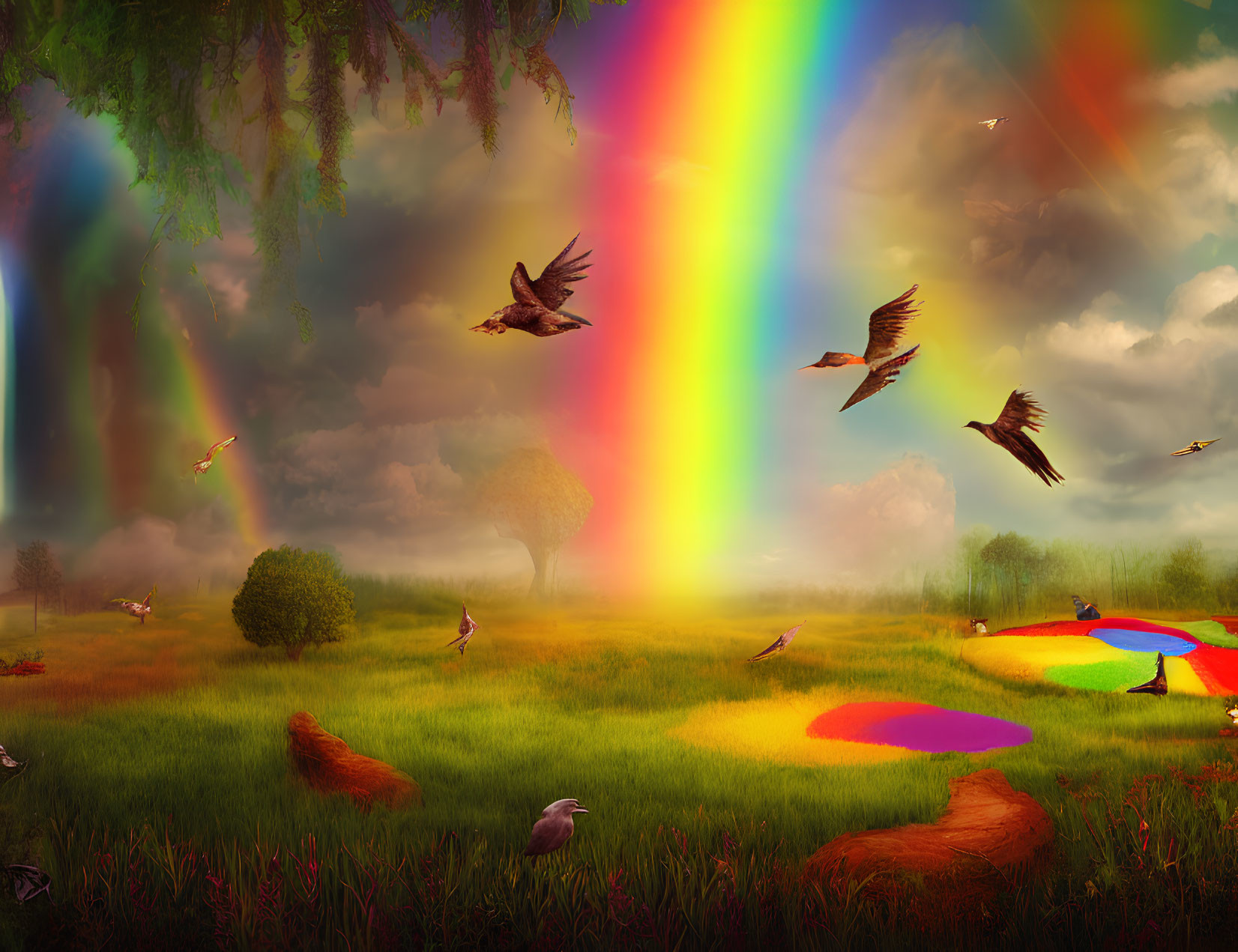 Colorful landscape with rainbows, flying birds, and vibrant trees