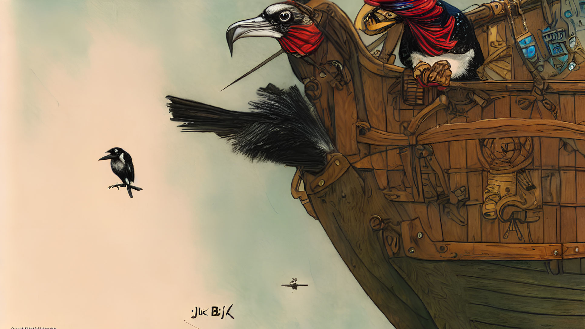 Anthropomorphic crow pirate on ship with flying bird in sky