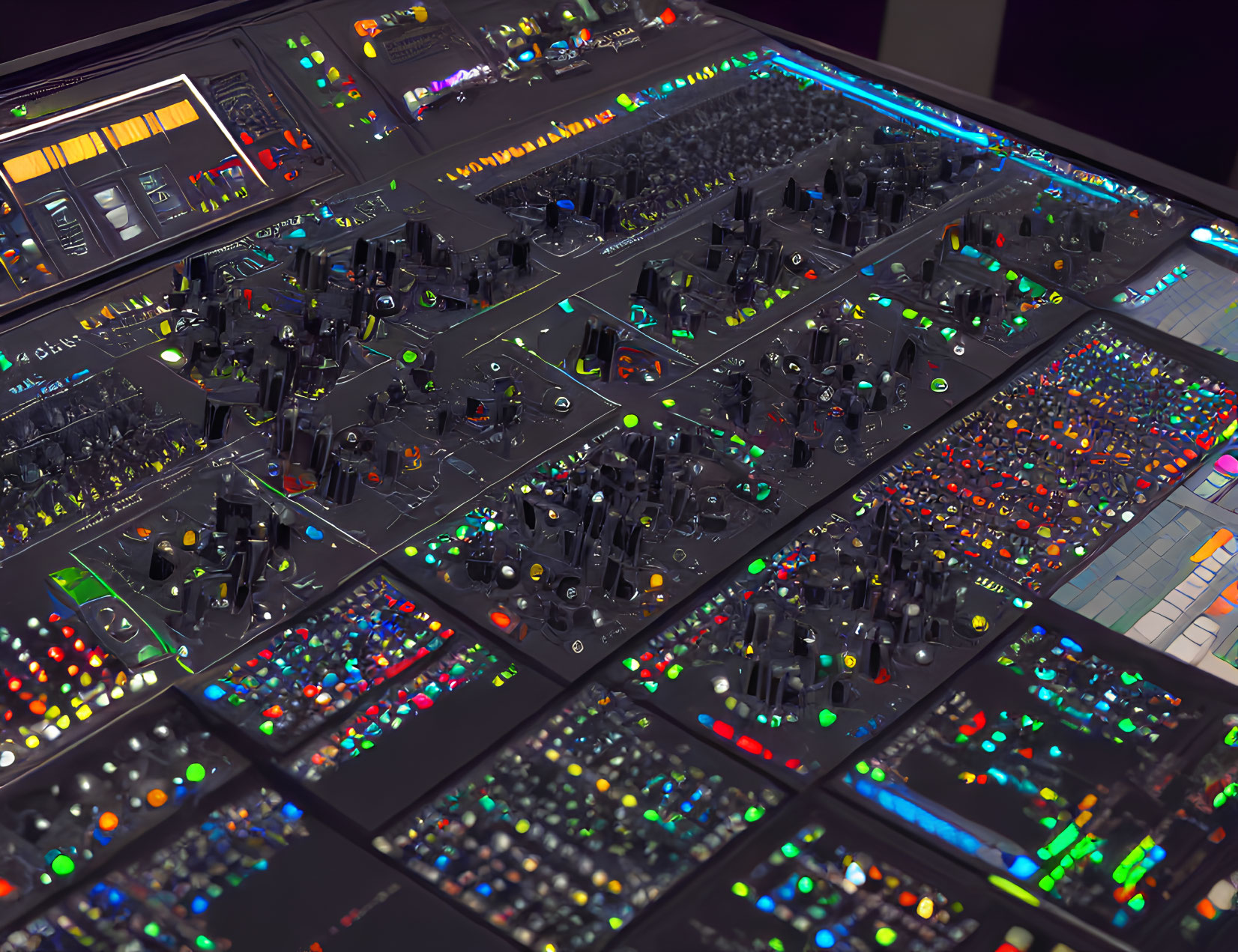 Professional Audio Mixing Console with Knobs, Sliders, and Illuminated Buttons