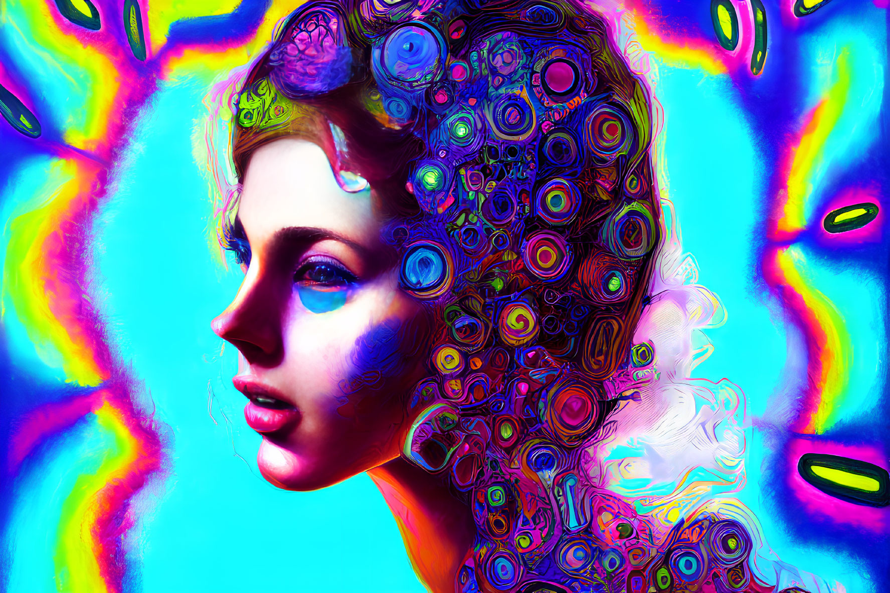 Colorful digital art featuring a woman with psychedelic patterns on a blue background