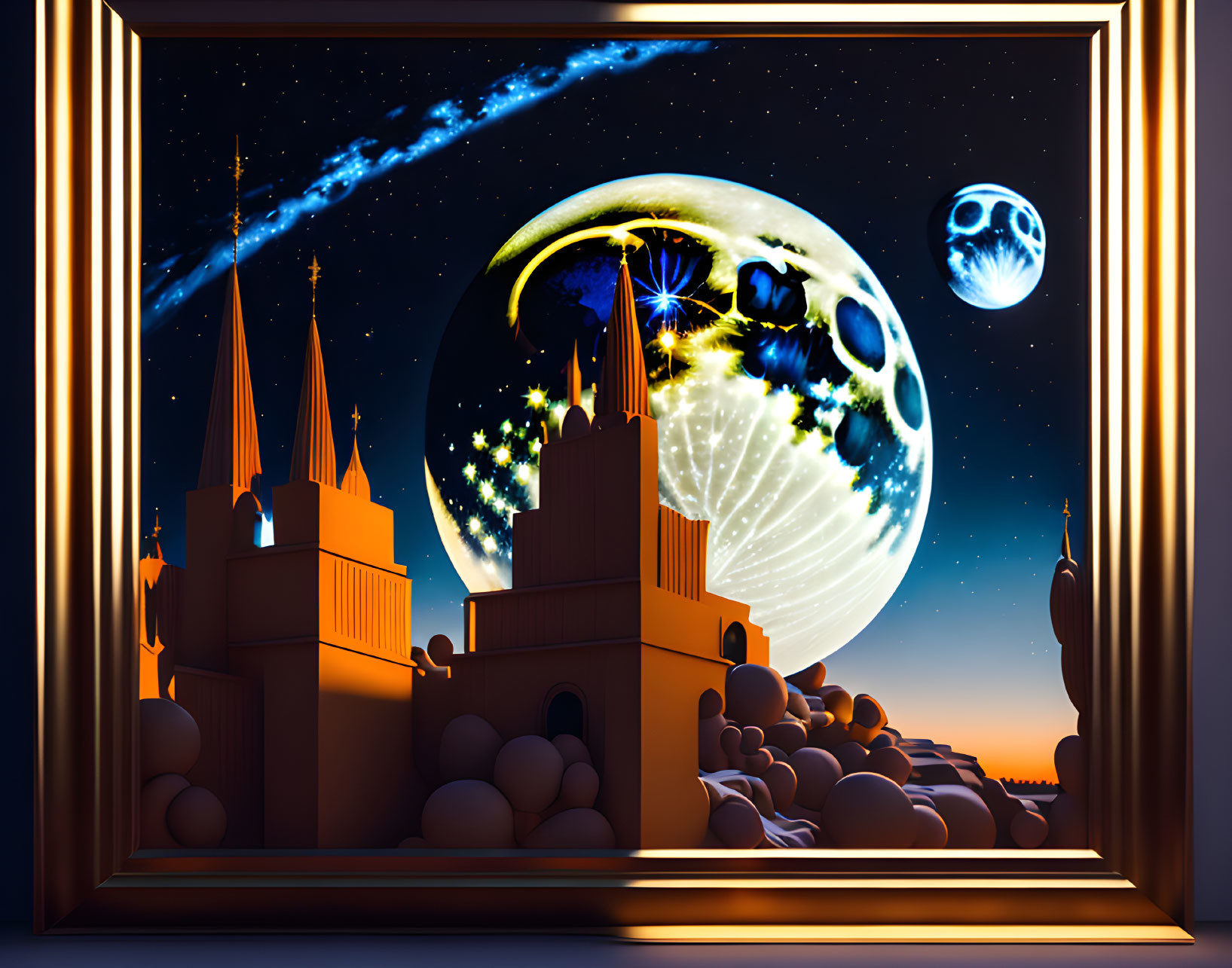 Surreal artwork: Castle silhouette, moons, comet, celestial bodies in starry sky