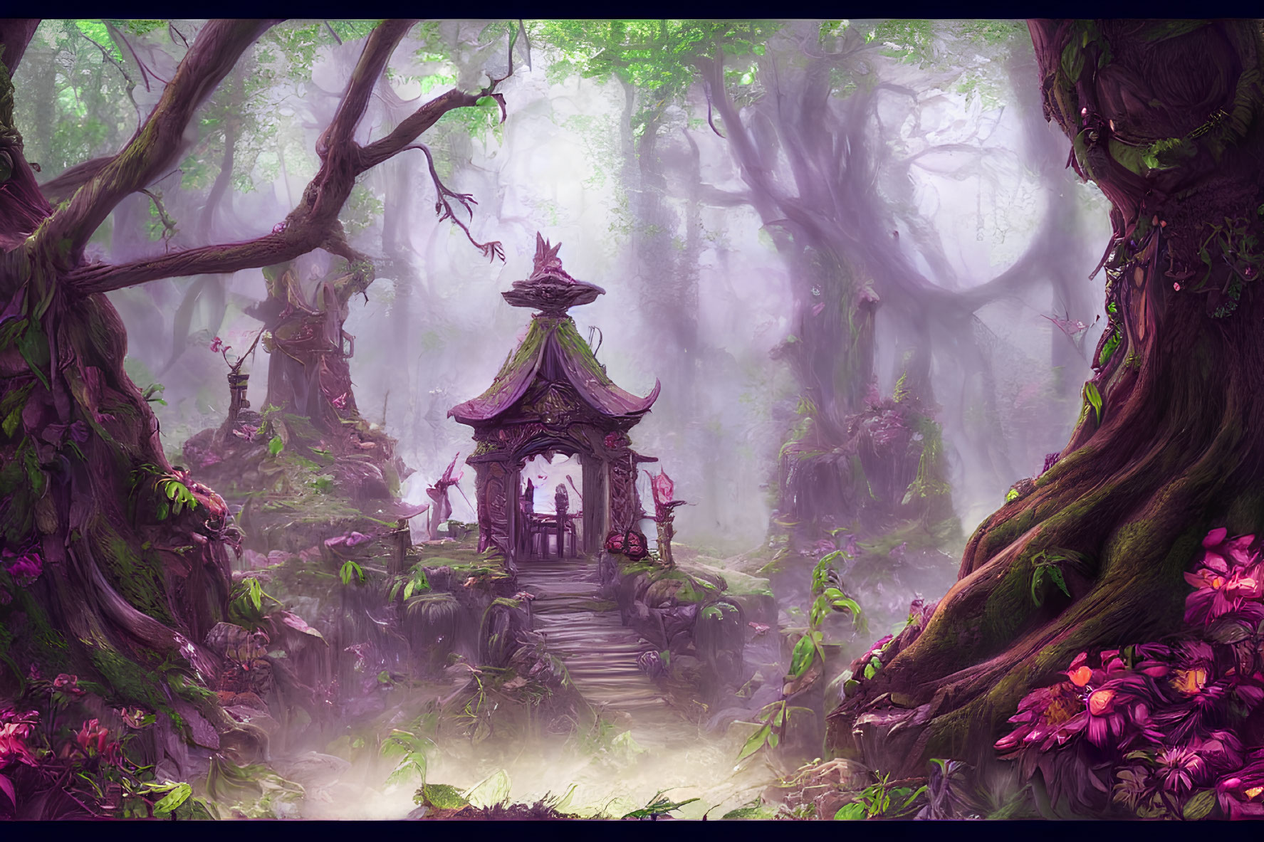 Mystical forest with purple flora, pagoda, stone steps, and foggy ancient trees