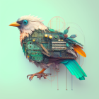 Surreal bird with mechanical wings on metal stand against pastel green.