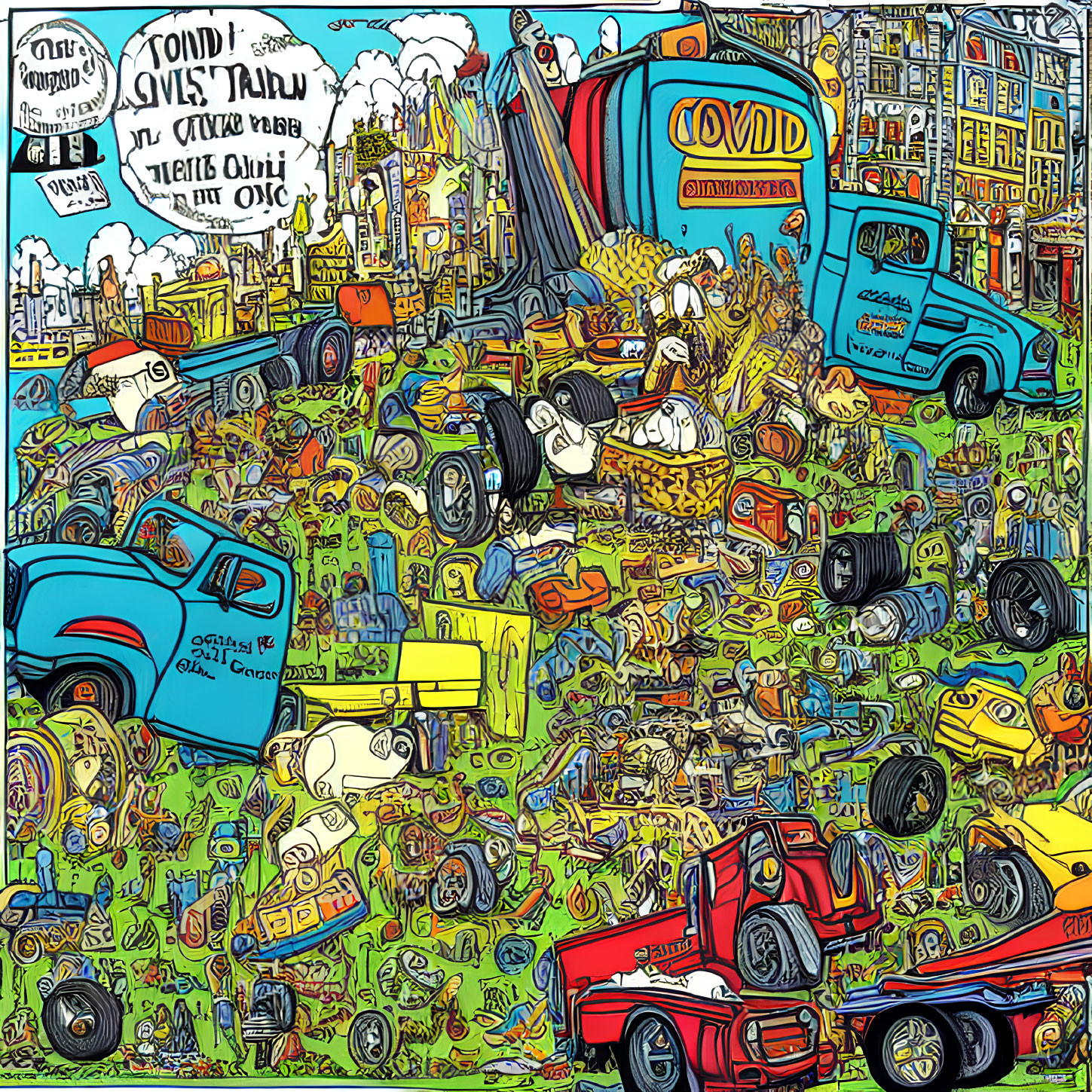 Vibrant illustration of cluttered city scene with COVID and The New Normal texts