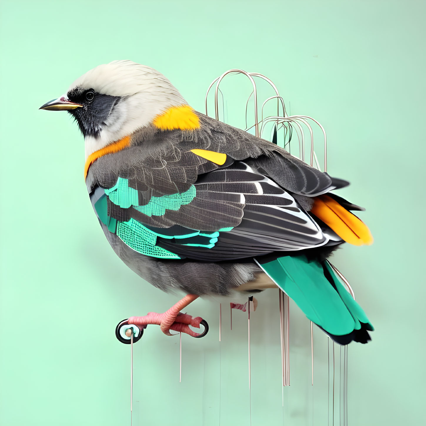 Surreal bird with mechanical wings on metal stand against pastel green.