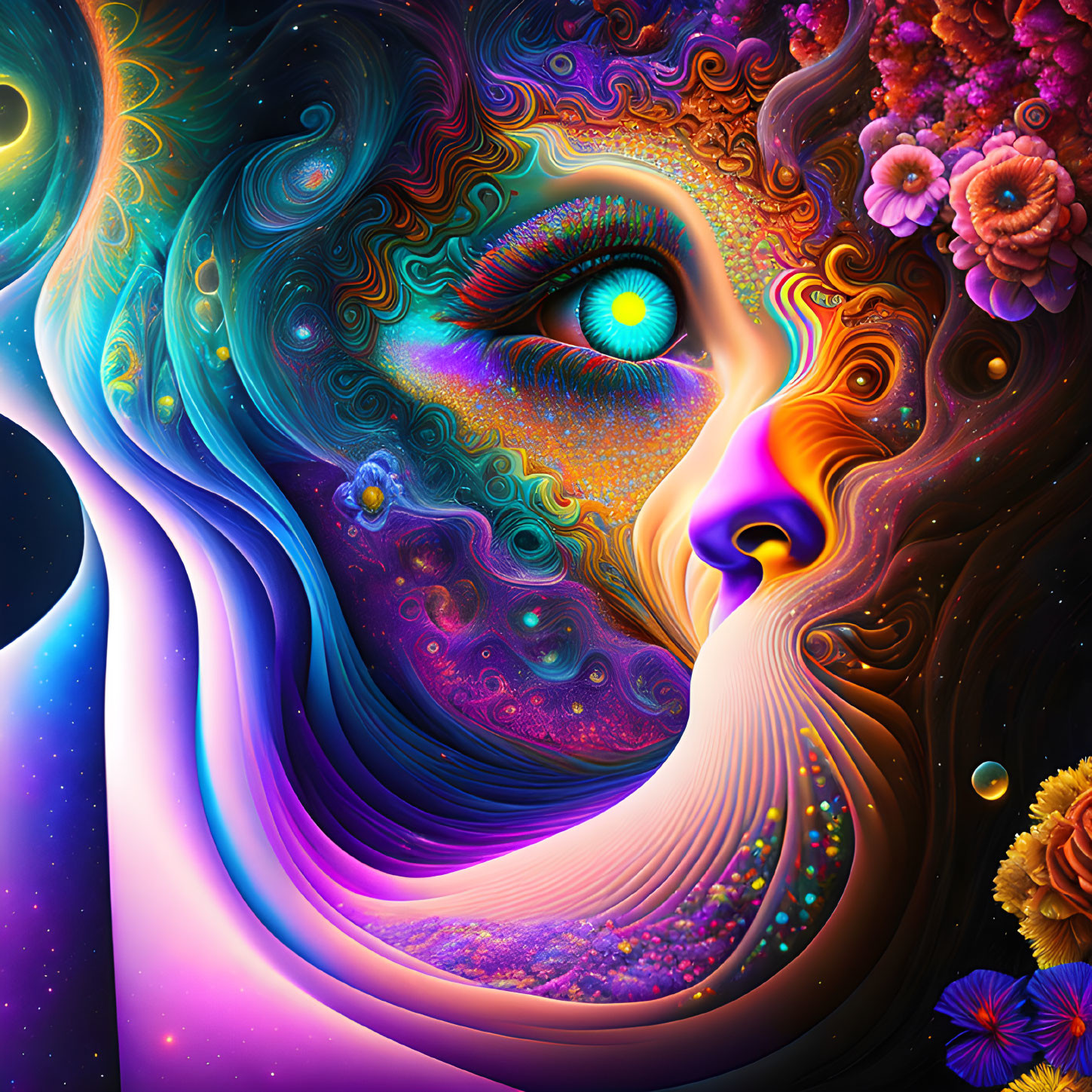 Psychedelic cosmic woman profile with swirling galaxies and floral motifs