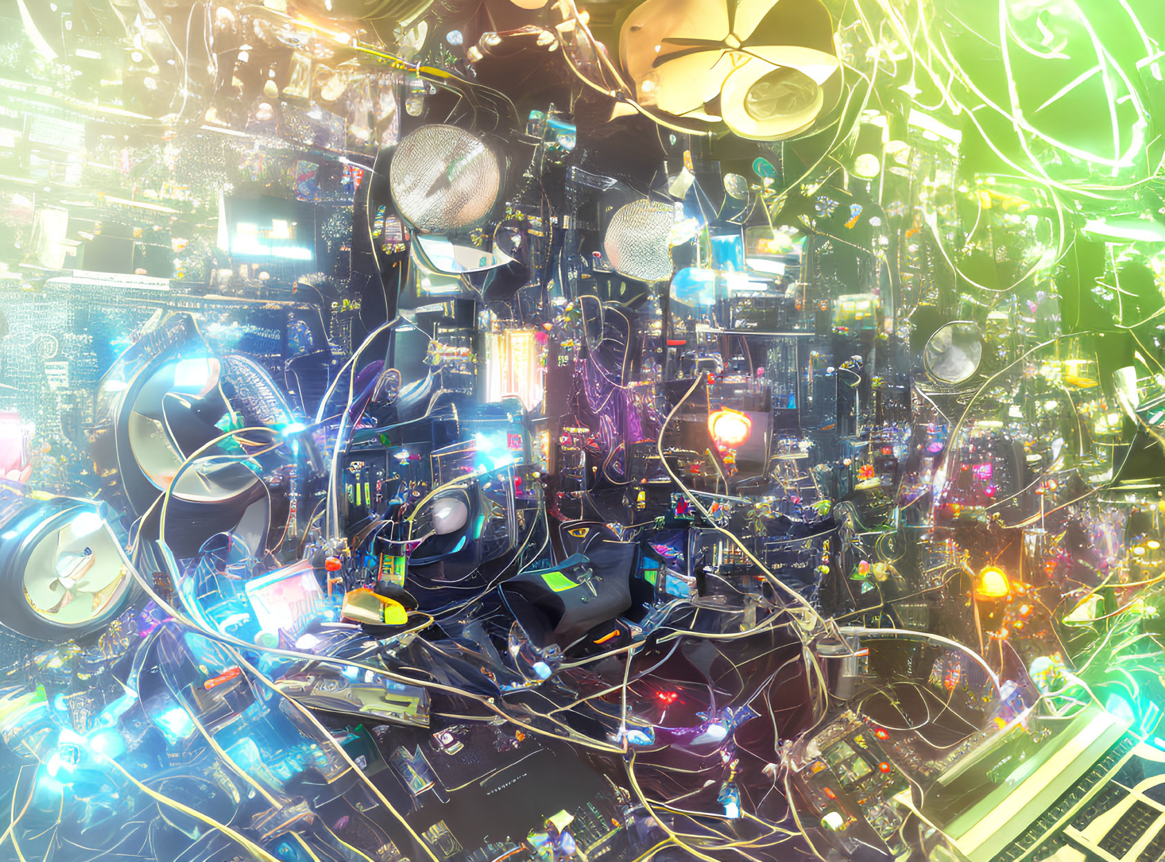 Electronic components, circuit boards, and glowing lights in chaotic tangle