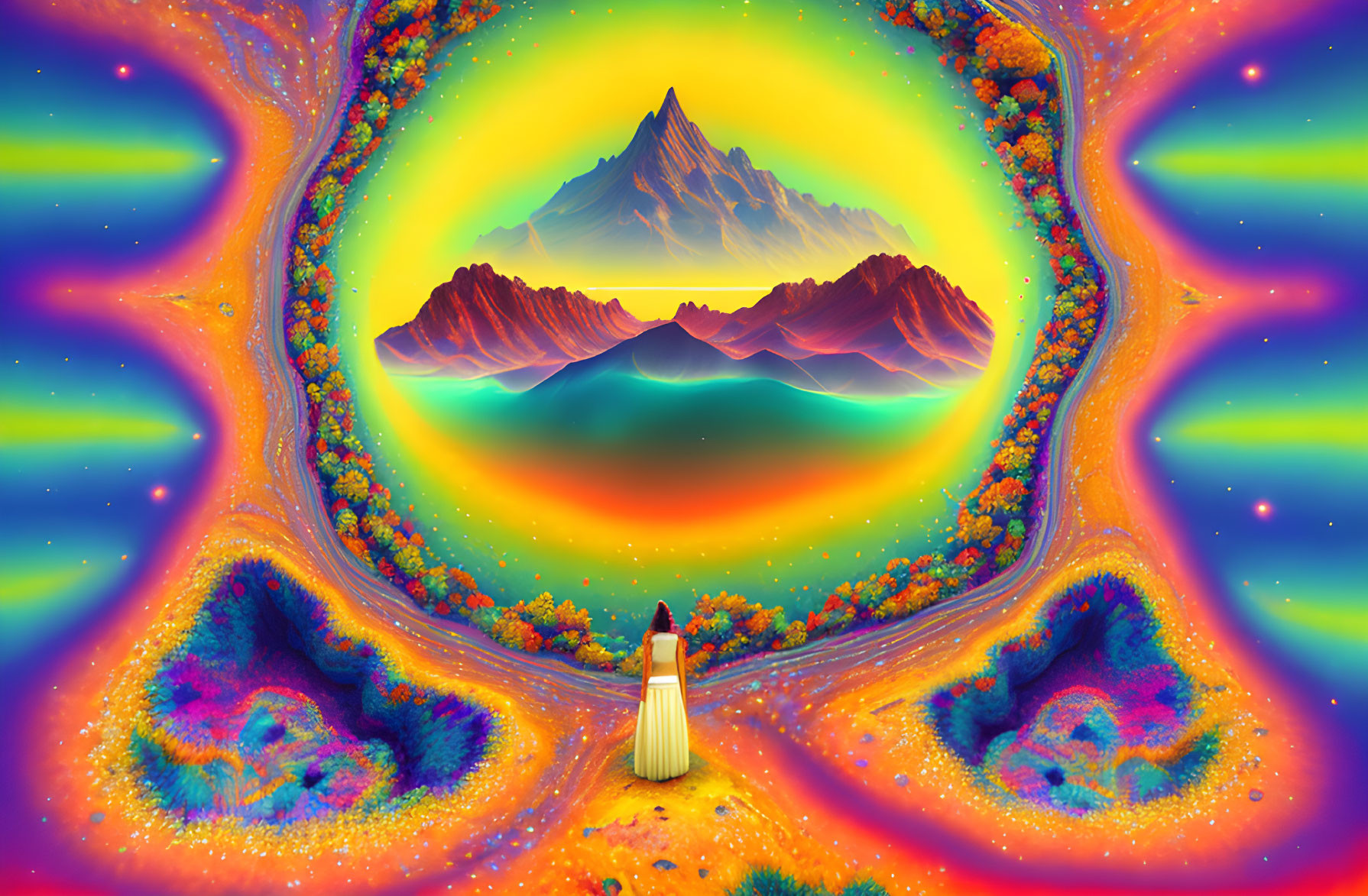 Colorful psychedelic landscape with figure, lake, mountain, floral patterns, and vibrant sky