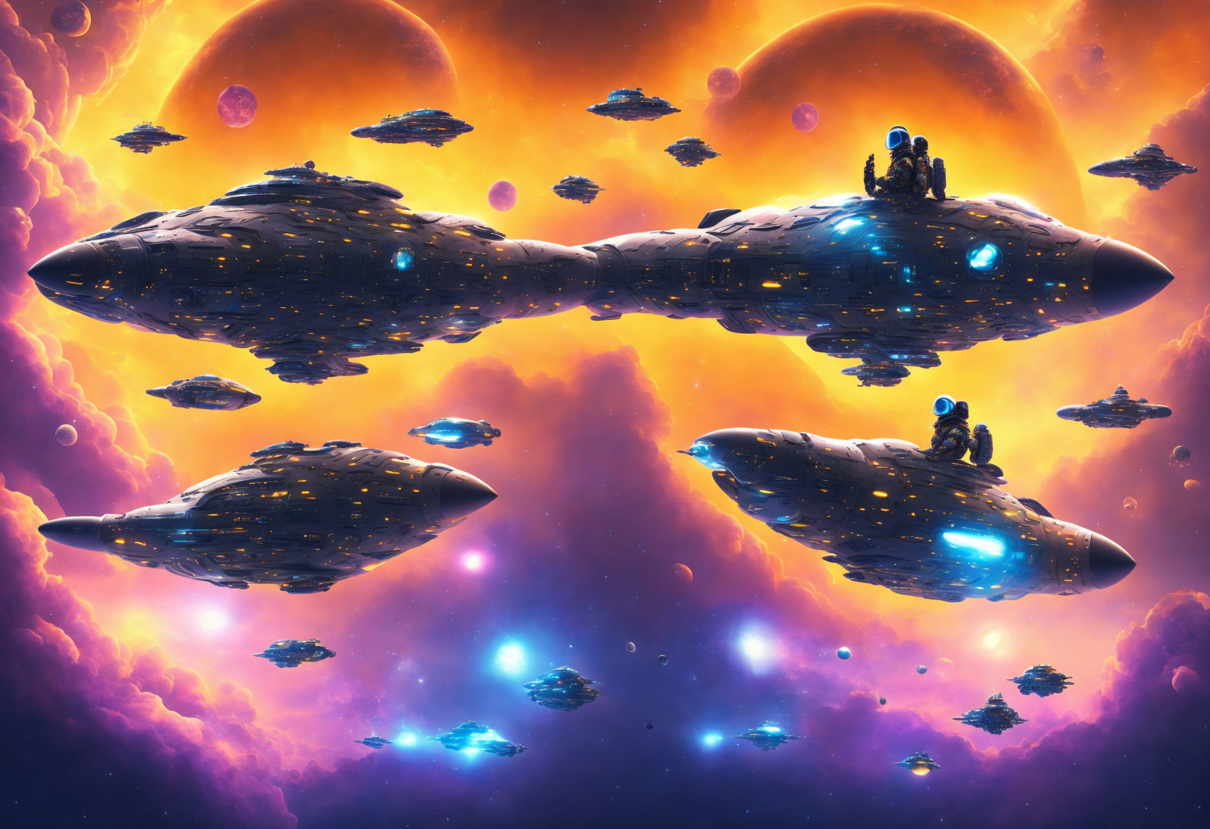 Futuristic sci-fi scene: hoverbikes, floating islands, starships, twin alien sun