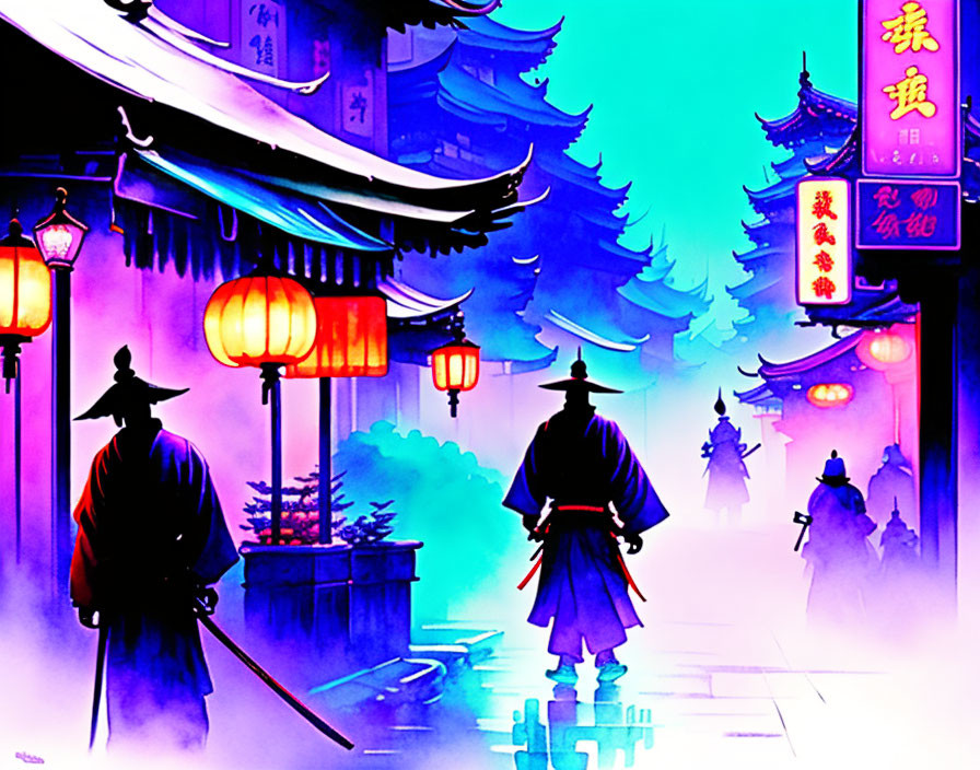 Colorful painting: Two silhouetted figures in traditional attire stroll through a neon-lit Asian