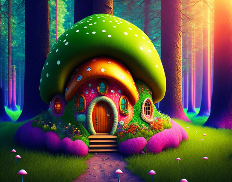 Colorful Mushroom House in Enchanted Forest Scene