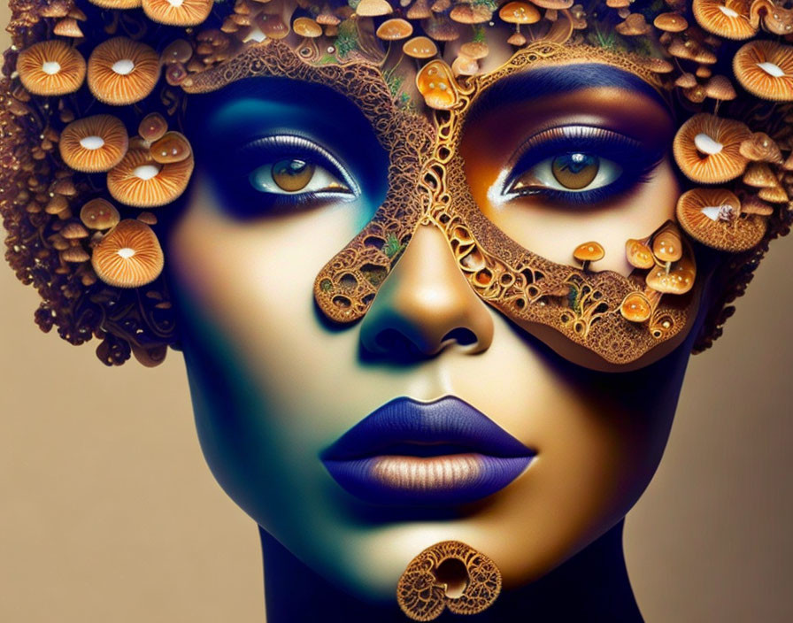 Woman with Golden Mask and Mushroom Hairdo in Mystical Theme