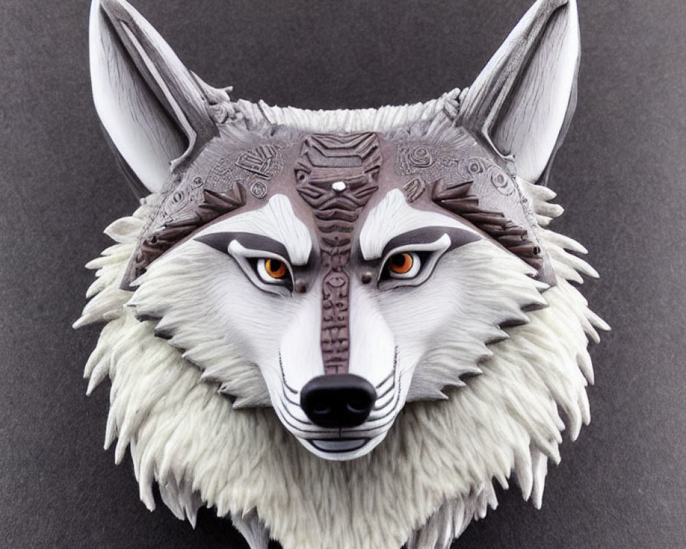 Intricate Wolf Mask with Amber Eyes on Black Background