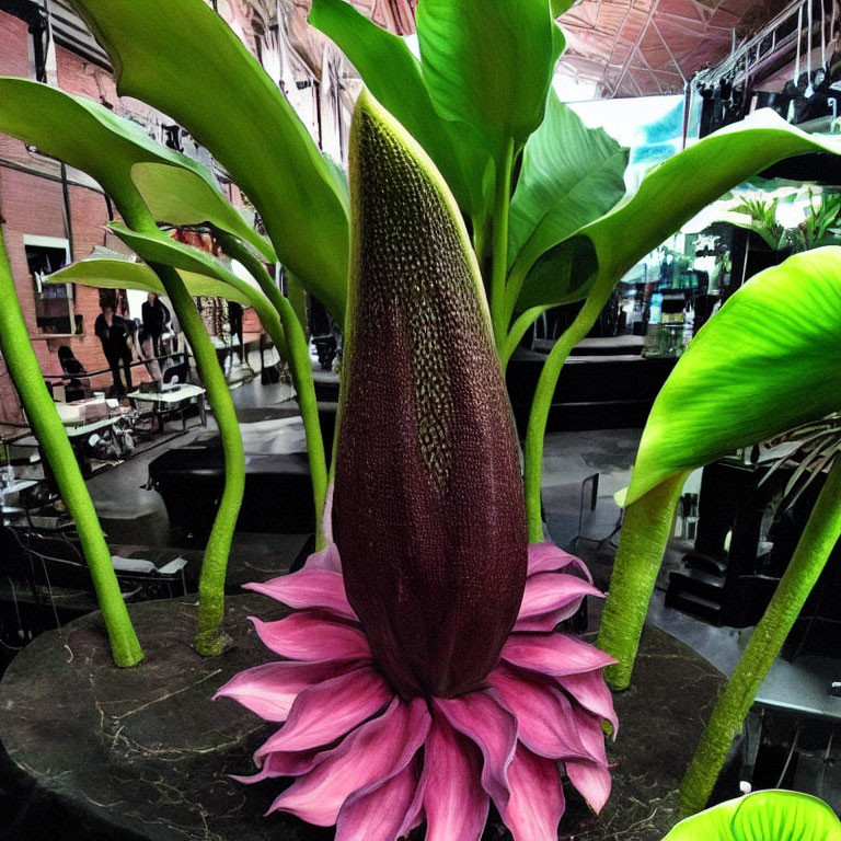 Colorful digital artwork: surreal flower with purple spadix and pink petals, surrounded by oversized leaves