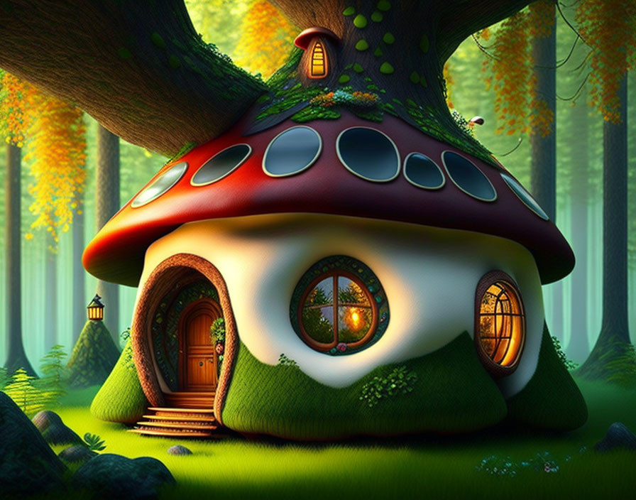 Colorful Mushroom-Shaped House in Lush Forest Setting