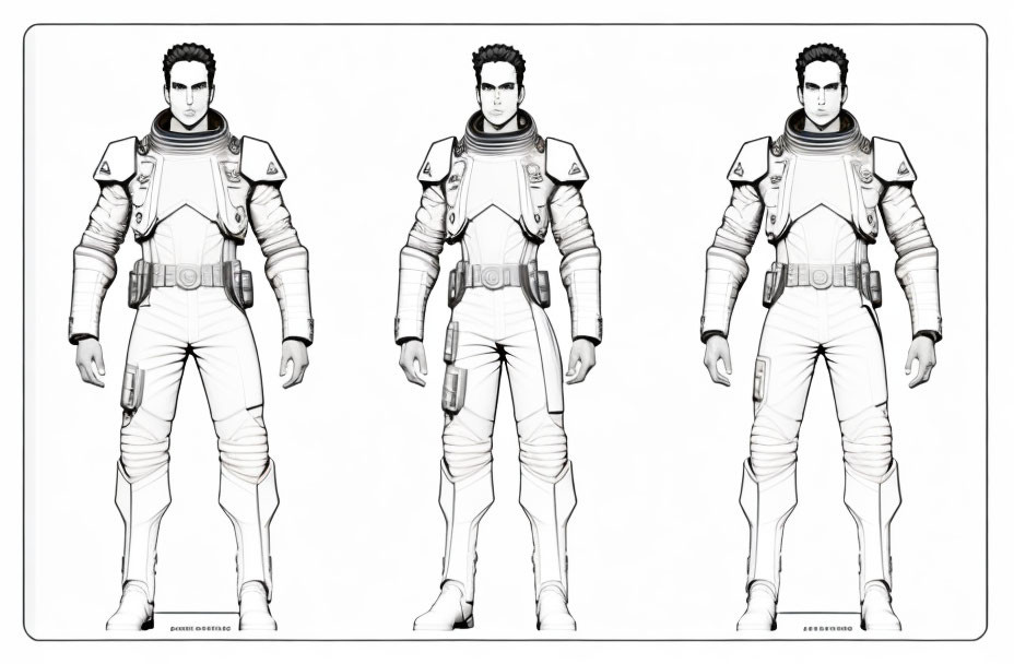 Male astronaut character sketches: frontal, three-quarter, profile views