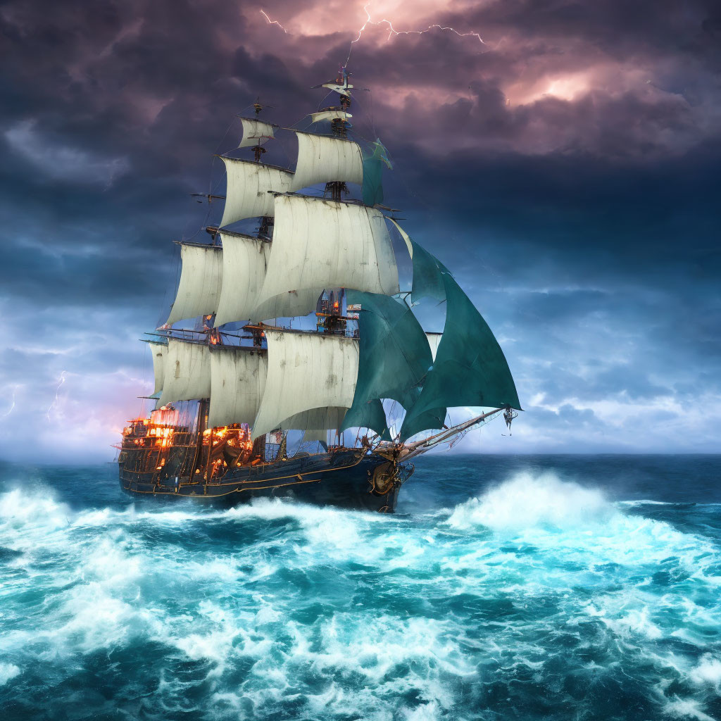 Sailing ship with white sails in stormy sea with lightning and fire