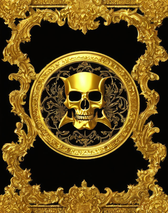 Golden Skull with Intricate Designs in Baroque Frame on Black Background