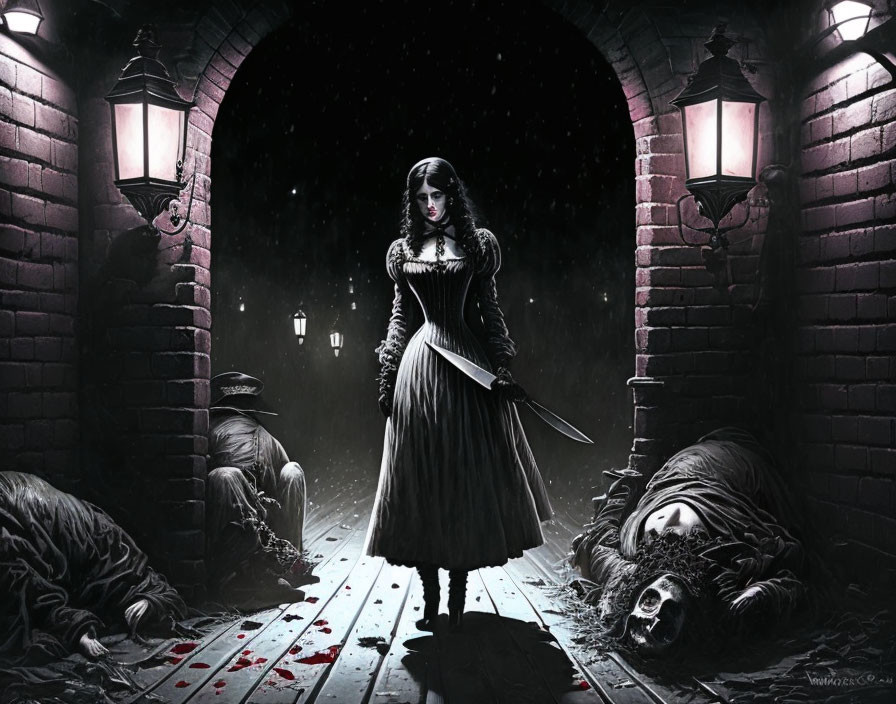 Woman in dark dress with knife in alley surrounded by vintage lanterns and figures