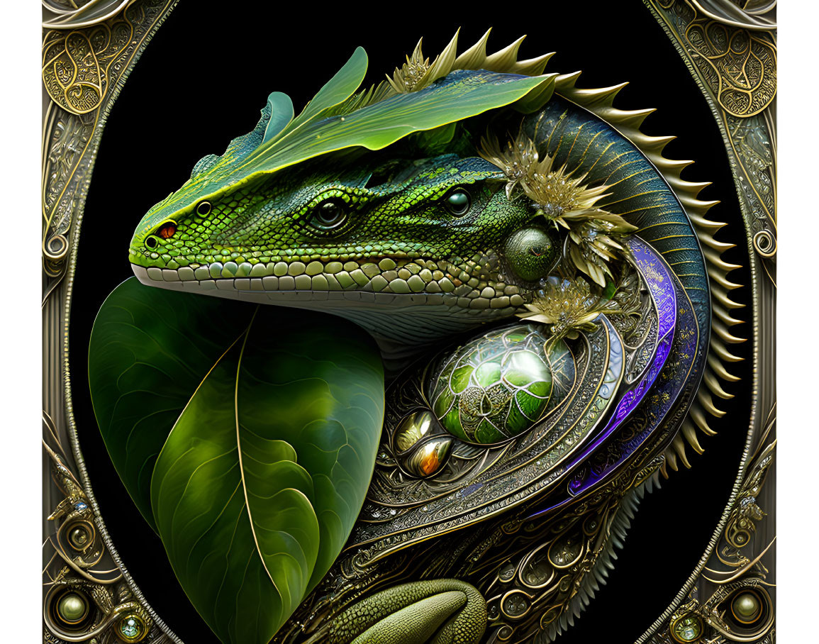 Detailed digital artwork: Fantastical green lizard with gold and jewel embellishments on black background