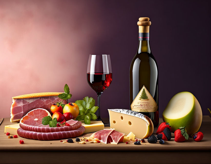 Still Life Composition with Wine, Cheese, Fruits, and Ham on Purple Background