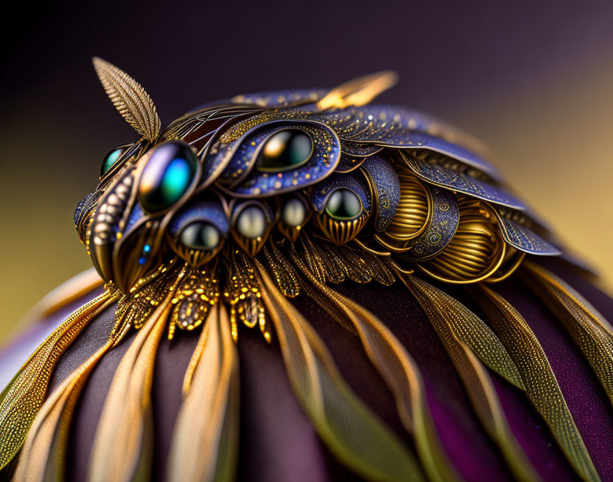 Digitally designed jewel-encrusted mechanized owl with metallic feathers.